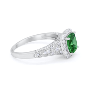 Cushion Art Deco Wedding Ring Simulated Green Emerald CZ 925 Sterling Silver